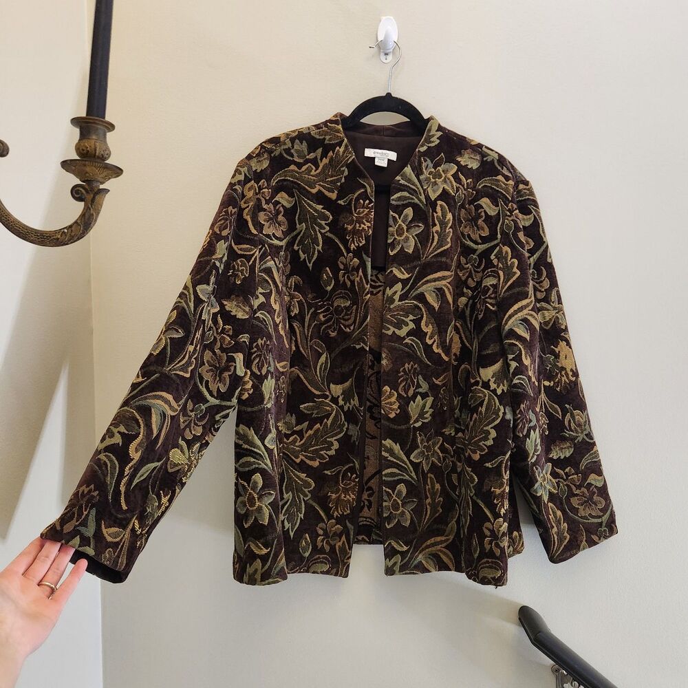 Vtg Brown Floral Tapestry Jacket Womens 20W Cottage Whimsygoth Botanical Earthy
